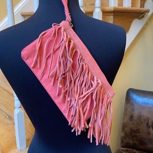 American Eagle outfitters canvas and suede fringe coral wristlet